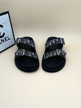 Dior Black and Gray Logo Double-Buckle Slide Sandals